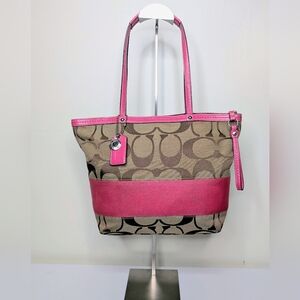Coach Pink Signature Stripe Tote /  Shoulder Bag